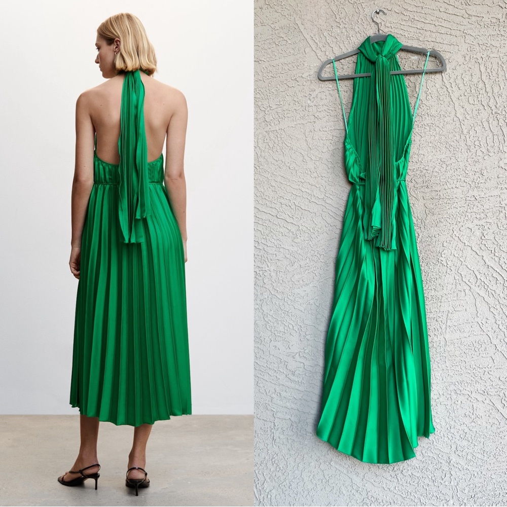 MANGO NWT BLOGGER FAVE Green Pleated Tie Neck Halter Midi Dress Sz 8 - Picture 10 of 17